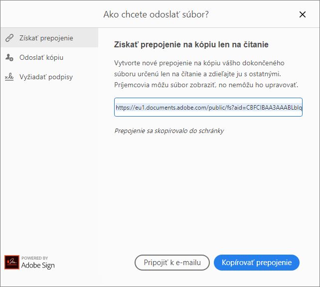 Skopírovať prepojenie alebo ho odoslať v prílohe e-mailu