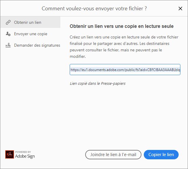 Copier le lien ou joindre à l’e-mail