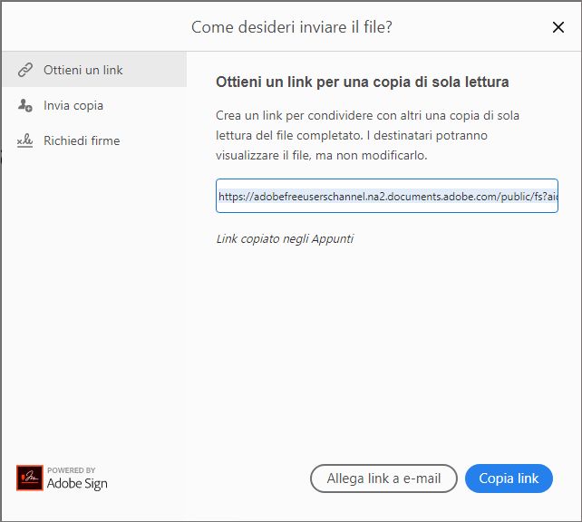 Copia link o Allega link a e-mail