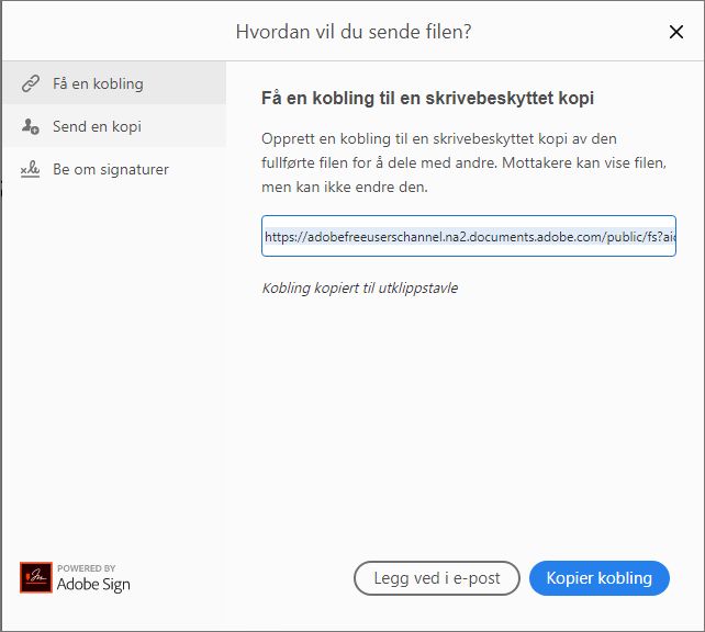 Kopier kobling eller legg ved i e-post