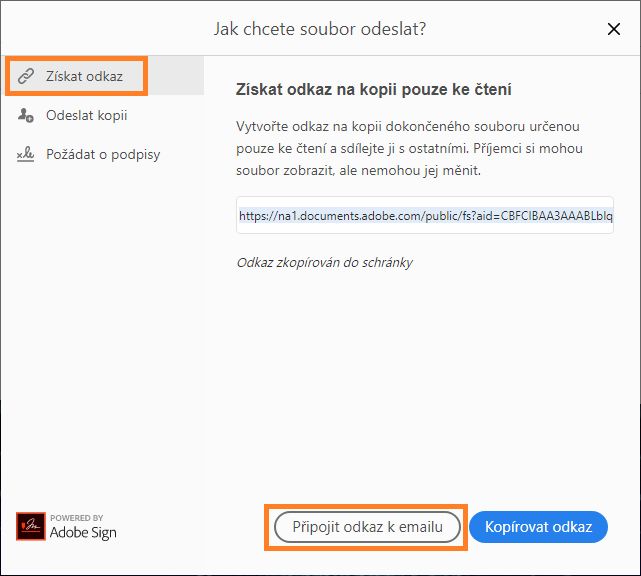 Připojení odkazu na formulář k e-mailu
