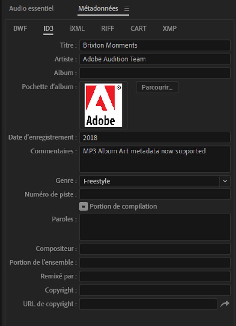 Visuel d’album pour les fichiers MP3