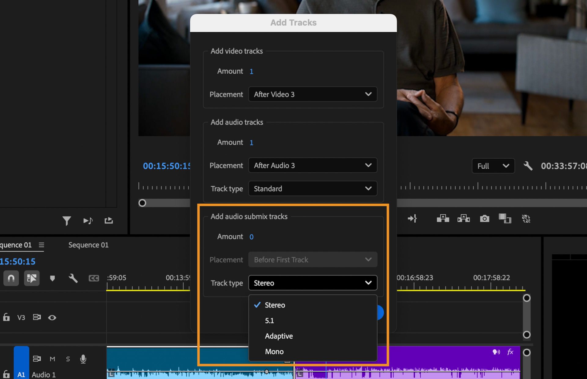 La finestra di dialogo Add Tracks è aperta e il tipo di traccia nella sezione Add ausio submix tracks è aperto.Il menu a discesa ha opzioni come Stereo, 5.1, Adattivo e Mono.