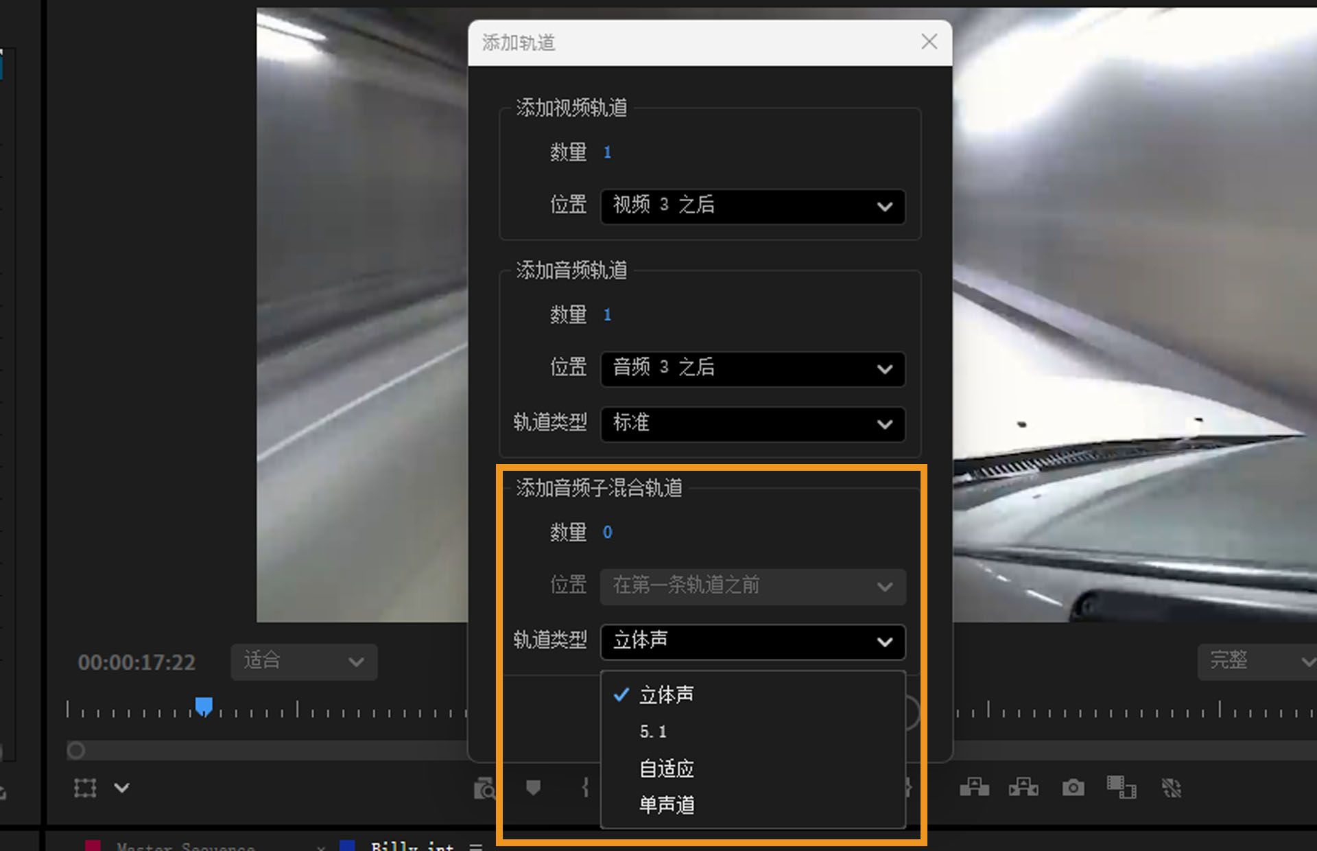 “添加轨道”对话框已打开，“添加音频子混音轨道”部分下的“轨道类型”已打开。下拉菜单中显示立体声、5.1、自适应和单声道等选项。