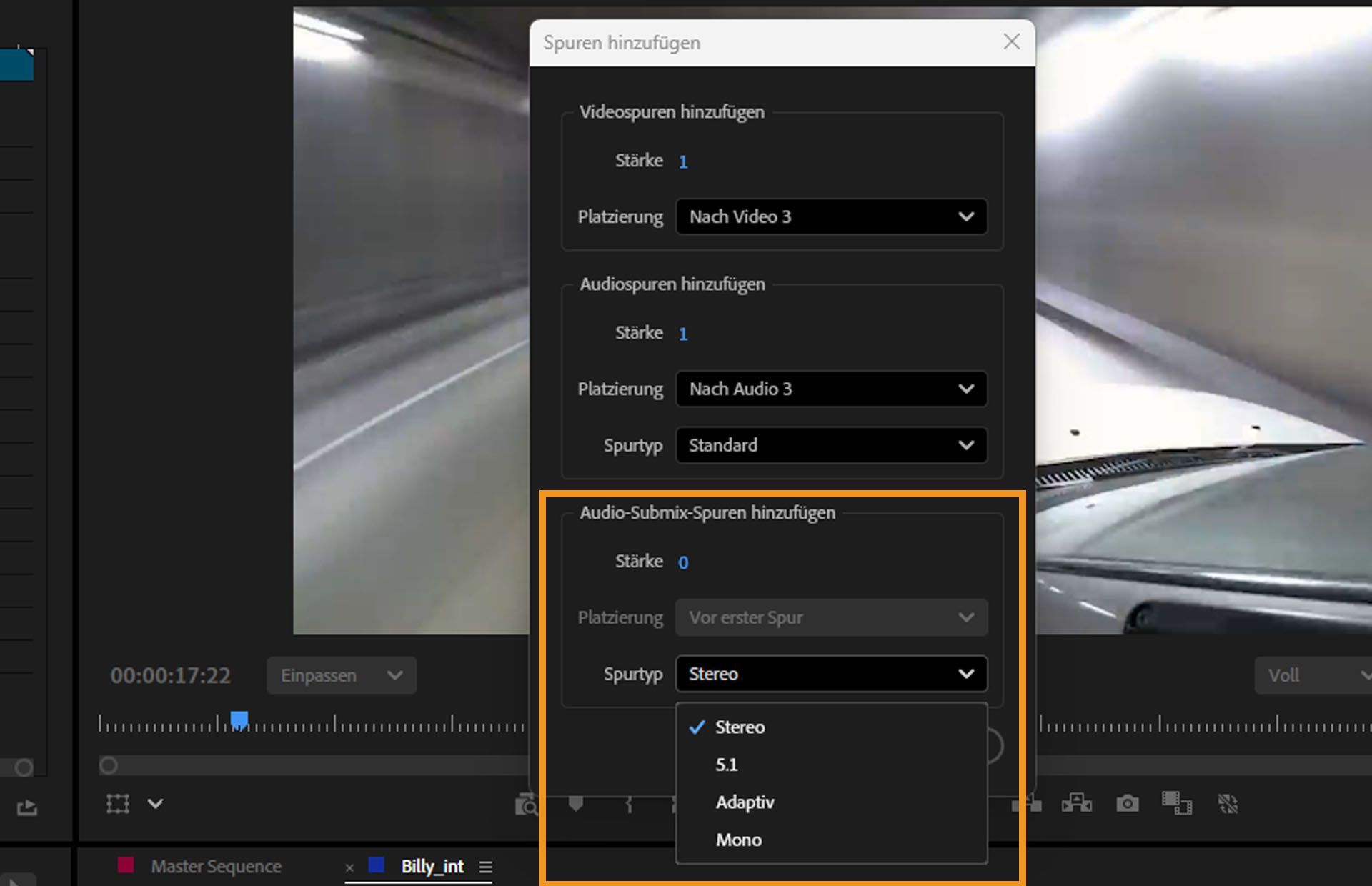 Das Dialogfeld „Spuren hinzufügen“ ist geöffnet, und der Spurtyp unter dem Abschnitt „Audio-Submix-Spuren hinzufügen“ ist geöffnet.Das Dropdown-Menü enthält Optionen wie Stereo, 5.1, adaptiv und Mono.