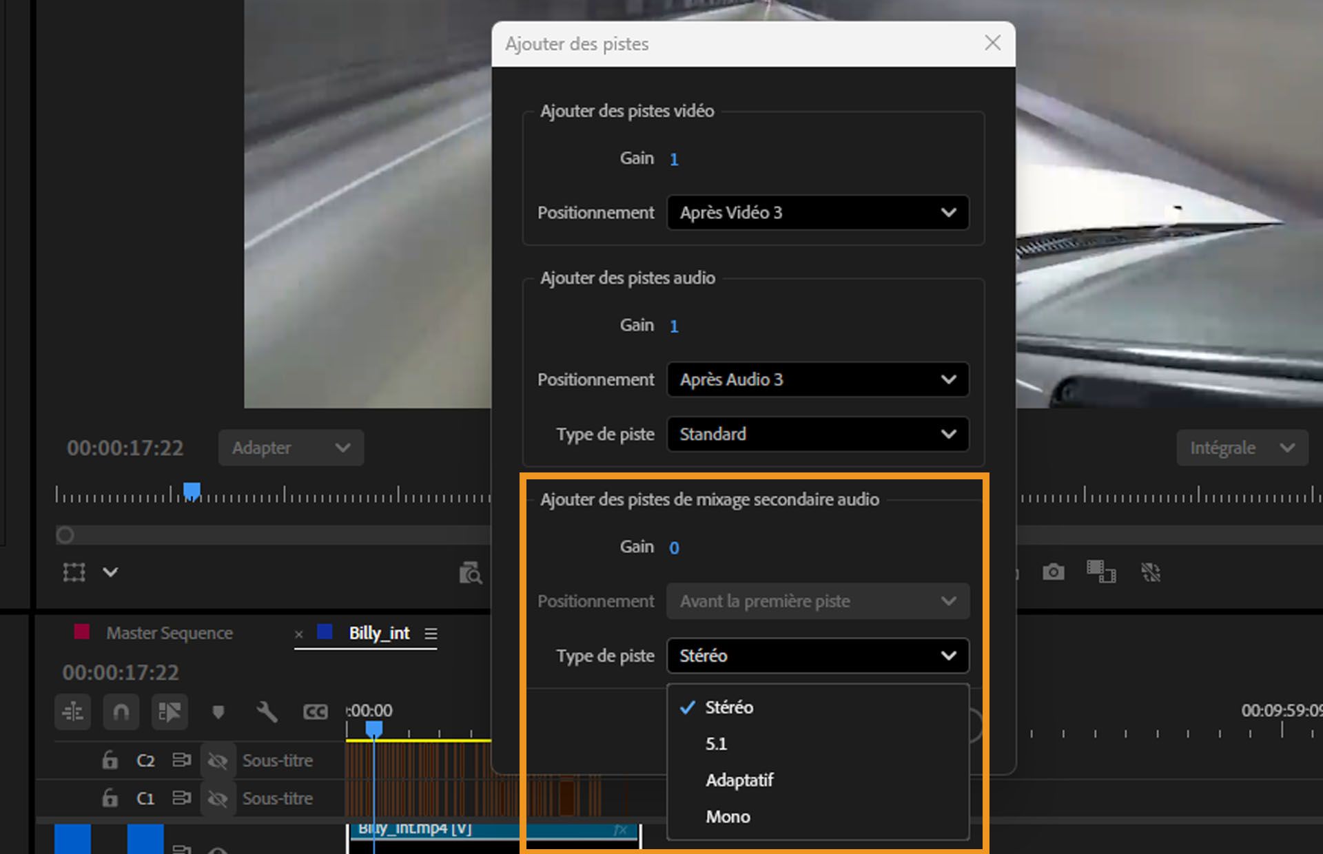 La boîte de dialogue Ajouter des pistes est ouverte et le type de piste sous la section Ajouter des mixages audio secondaires est ouverte.Le menu déroulant propose des options telles que Stéréo, 5.1, Adaptatif et Mono.
