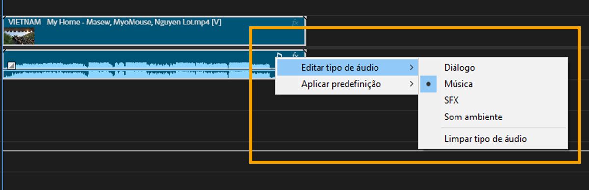 A interface mostra a opção Editar tipo de áudio selecionada com a opção para escolher entre os quatro tipos de áudio (diálogo, música, SFX e som ambiente).
