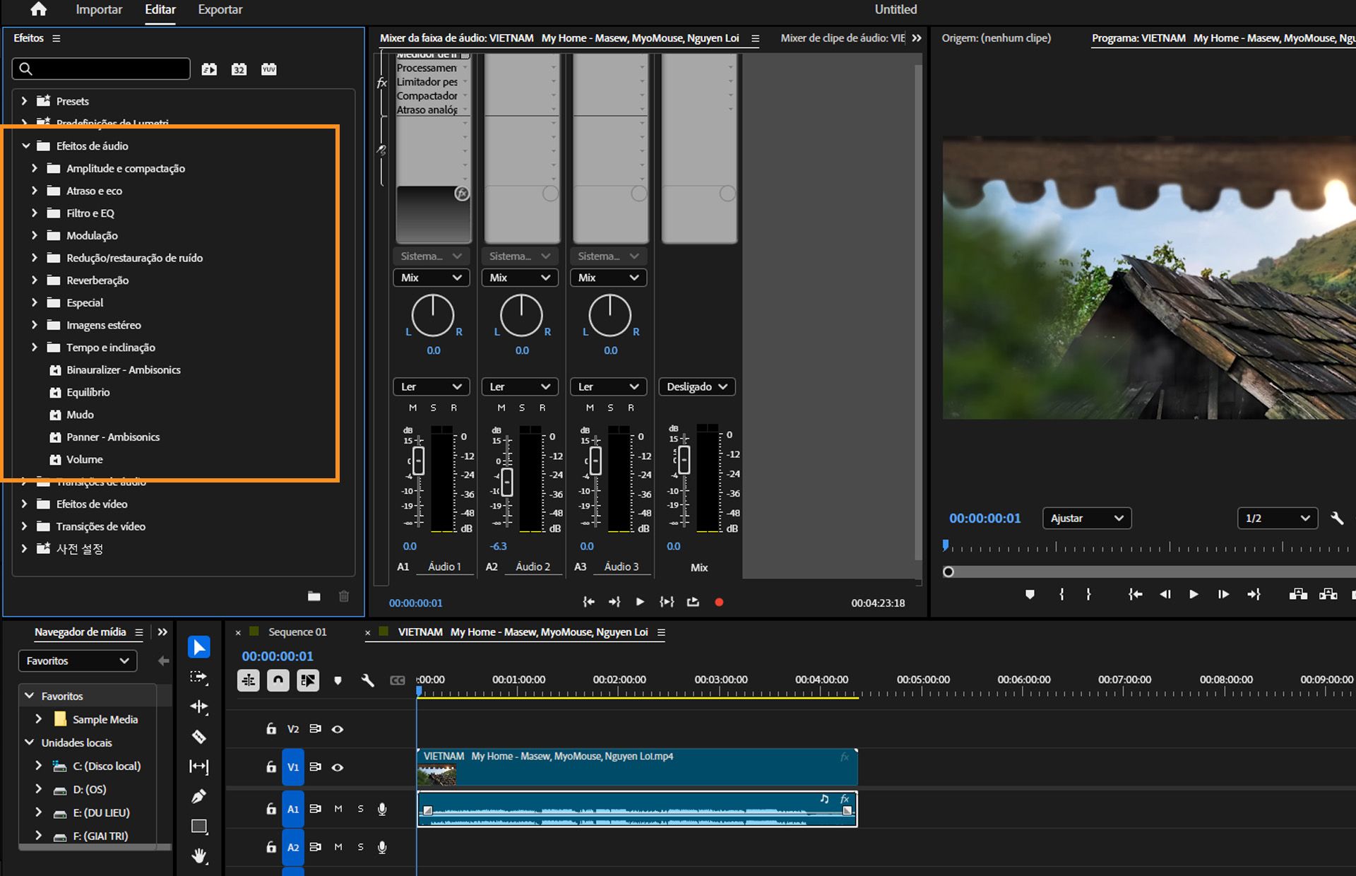 Visualização realçada do painel “Efeitos de áudio” do Premiere Pro, mostrando categorias expansíveis, incluindo amplitude e compressão, atraso e eco, filtro e EQ, modulação, reverberação e outros.
