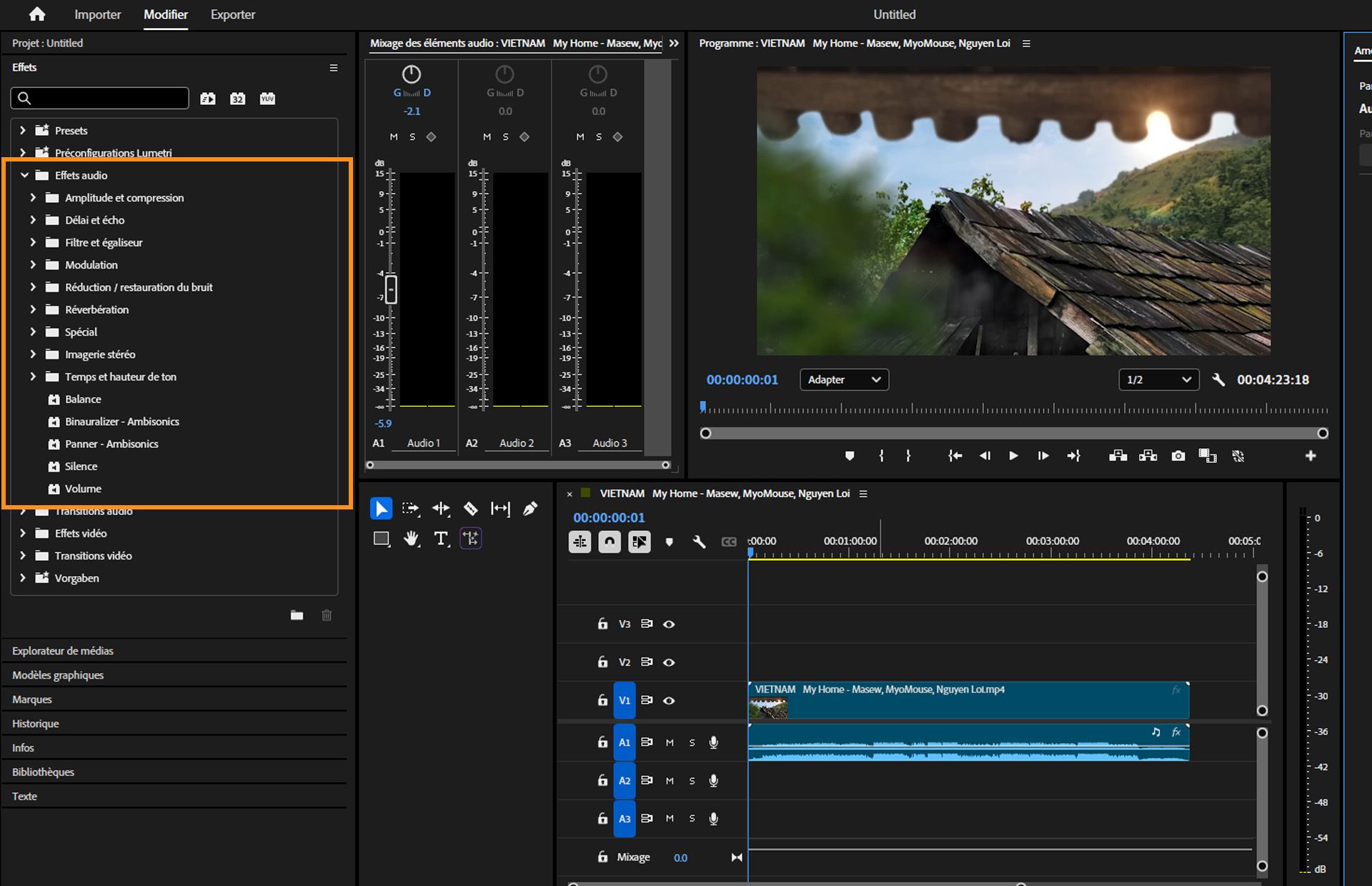 Vue en surbrillance du panneau Effets audio dans Premiere Pro, montrant des catégories extensibles comprenant Amplitude et compression, Délai et écho, Filtre et égalisation, Modulation, Réverbération, et autres.
