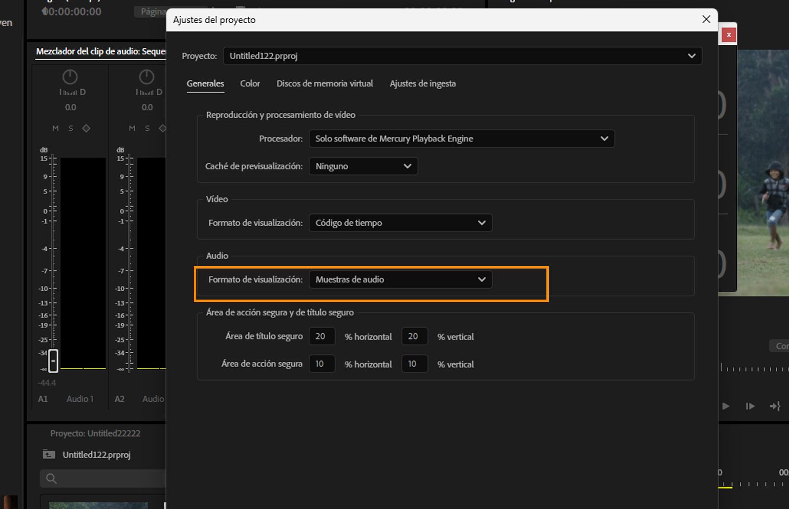 Se abre el cuadro de diálogo Preferencias, se selecciona la pestaña General y, en el panel Audio, campo Formato de visualización, se selecciona la opción Muestras de audio.