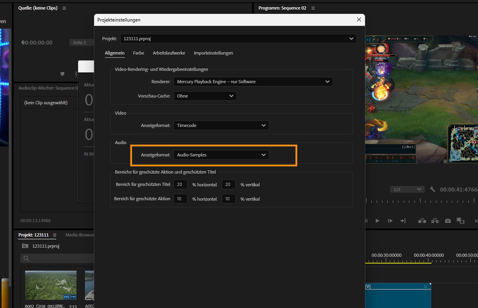 Das Dialogfeld „Voreinstellungen“ ist geöffnet, die Registerkarte „Allgemein“ ist ausgewählt und im Bedienfeld „Audio“ ist im Feld „Anzeigeformat“ die Option „Audio-Samples“ ausgewählt.