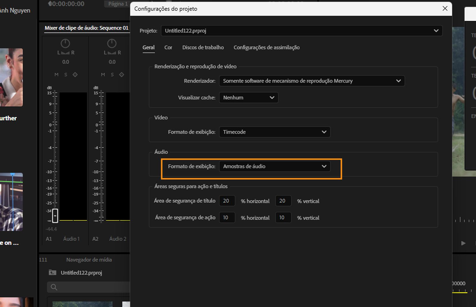 A caixa de diálogo Preferências aberta com a guia Geral selecionada e no painel Áudio, no campo Formato de exibição, a opção Amostras de áudio está selecionada.