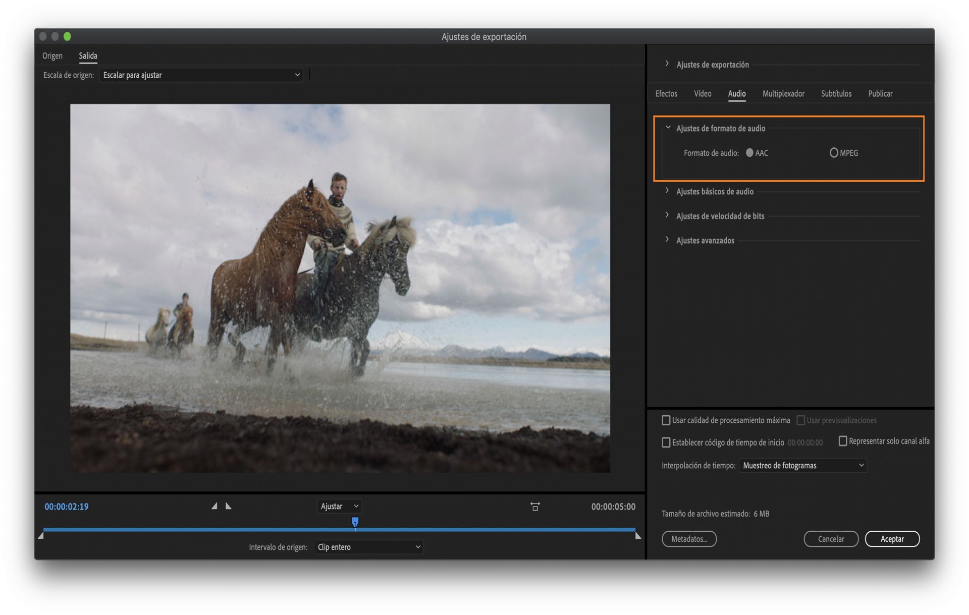 Ajustes de formato de audio