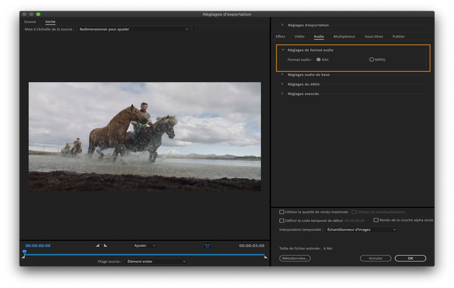 Réglages de format audio