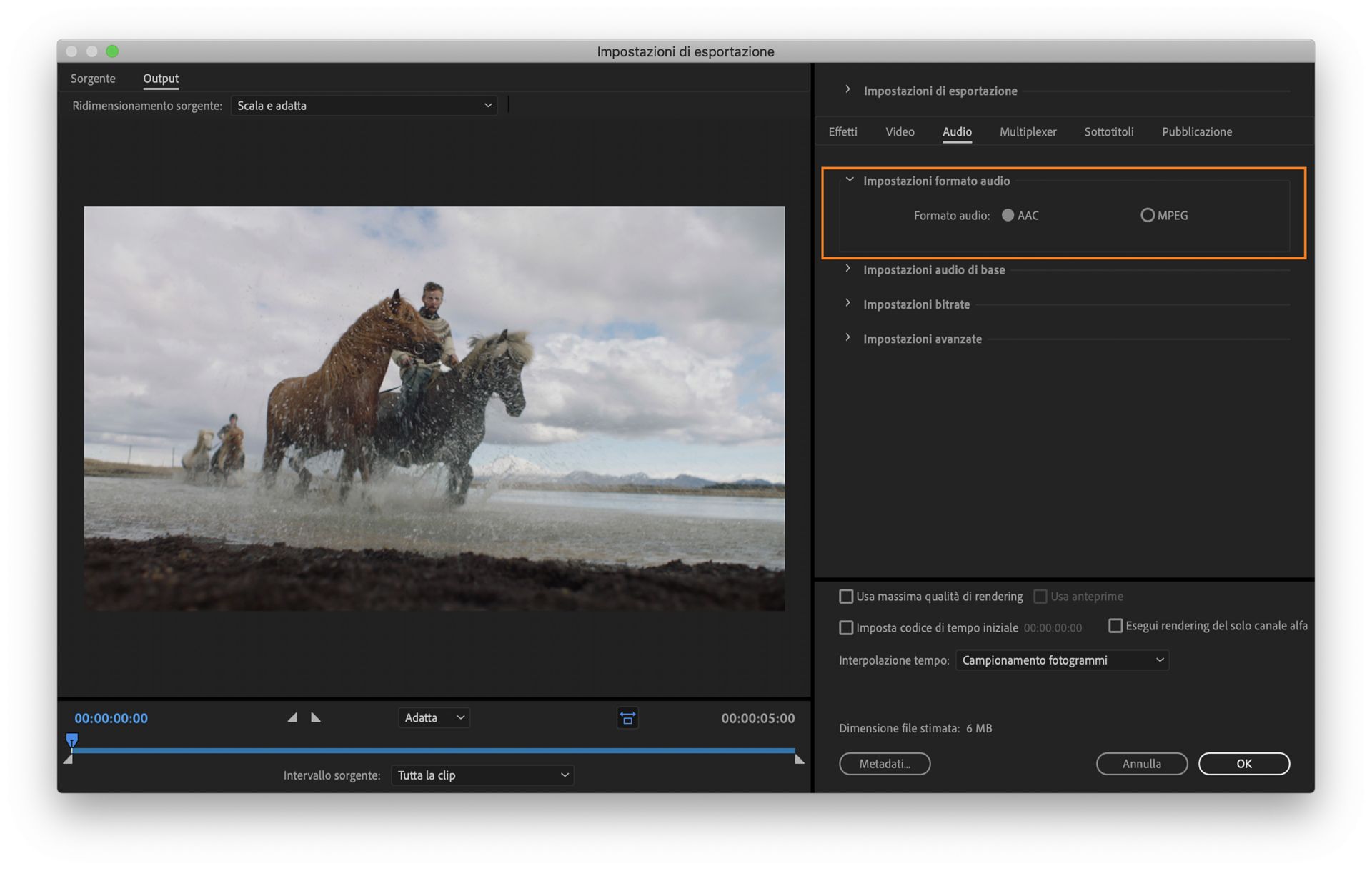 Impostazioni formato audio