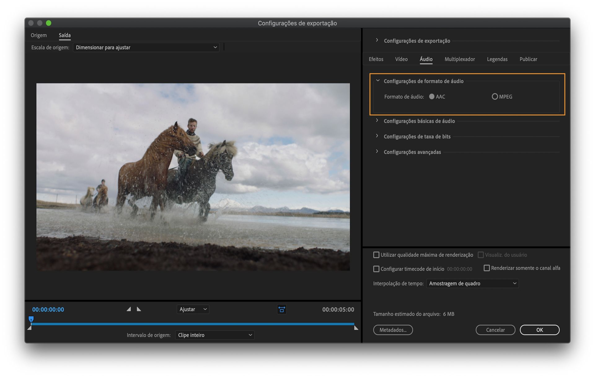 Configurações do formato de áudio