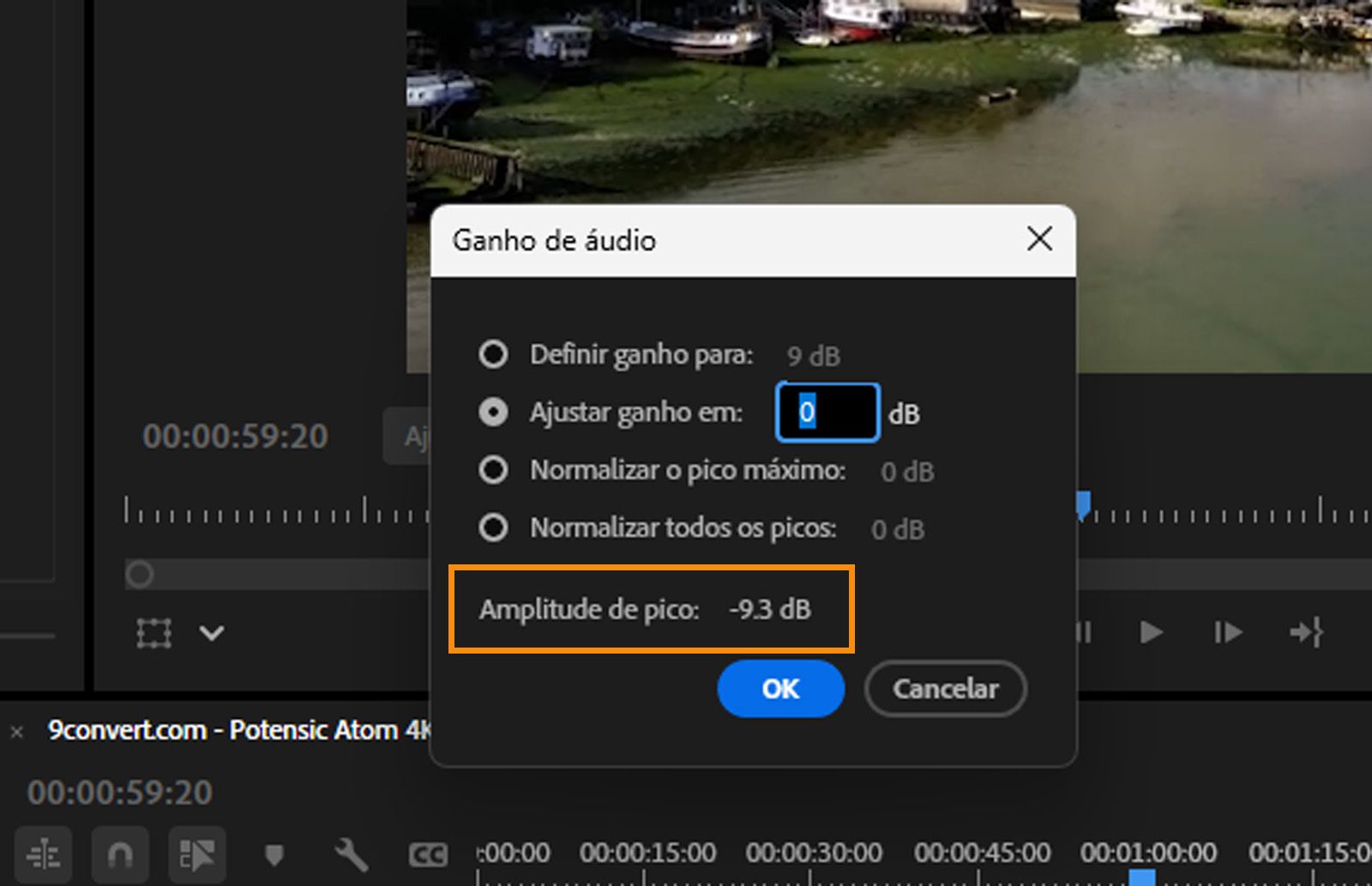 A caixa de diálogo Ganho de áudio exibida com a opção Amplitude de pico realçada. 