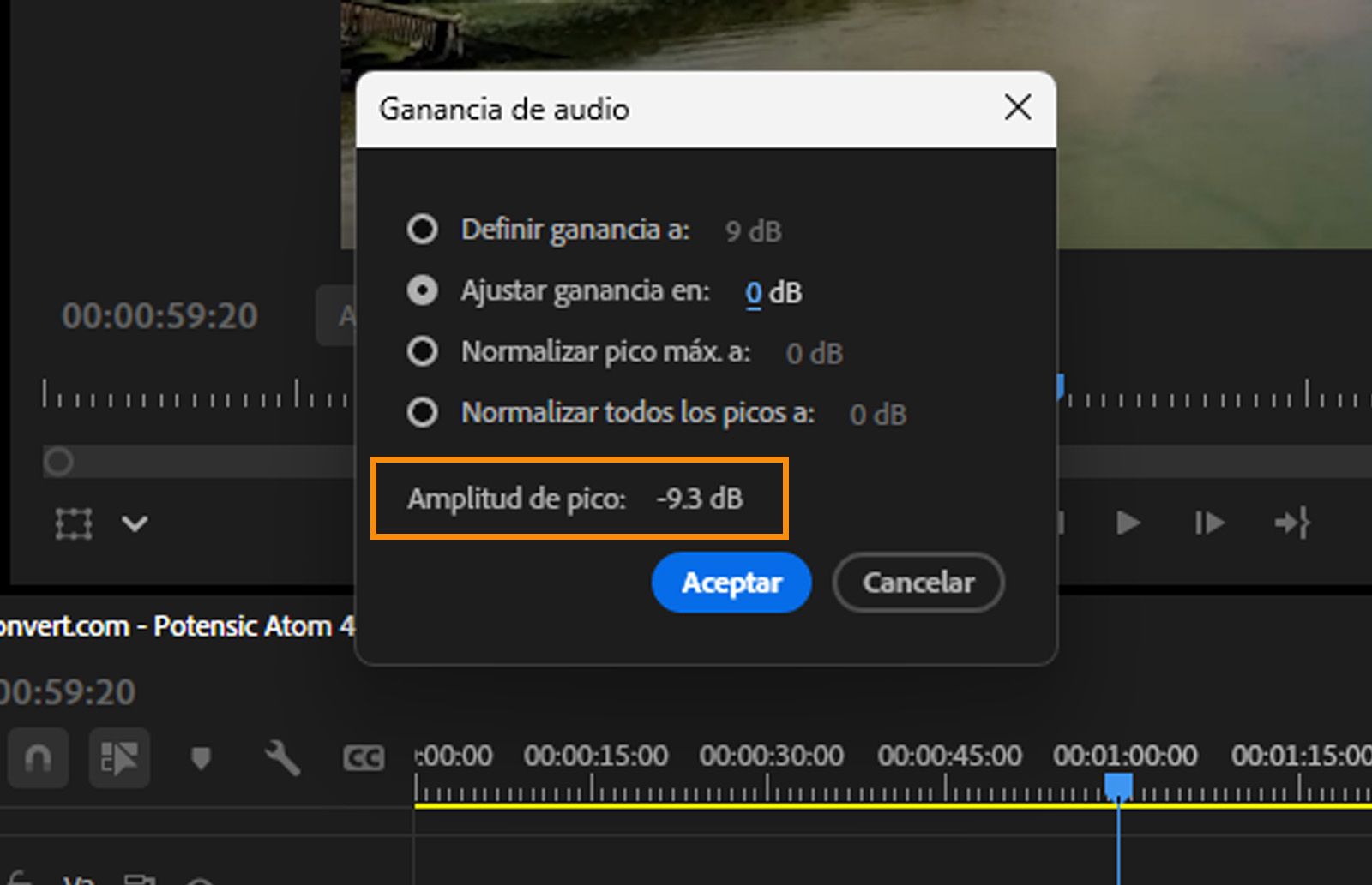 Se muestra el cuadro de diálogo Ganancia de audio y se destaca la opción Amplitud de pico. 