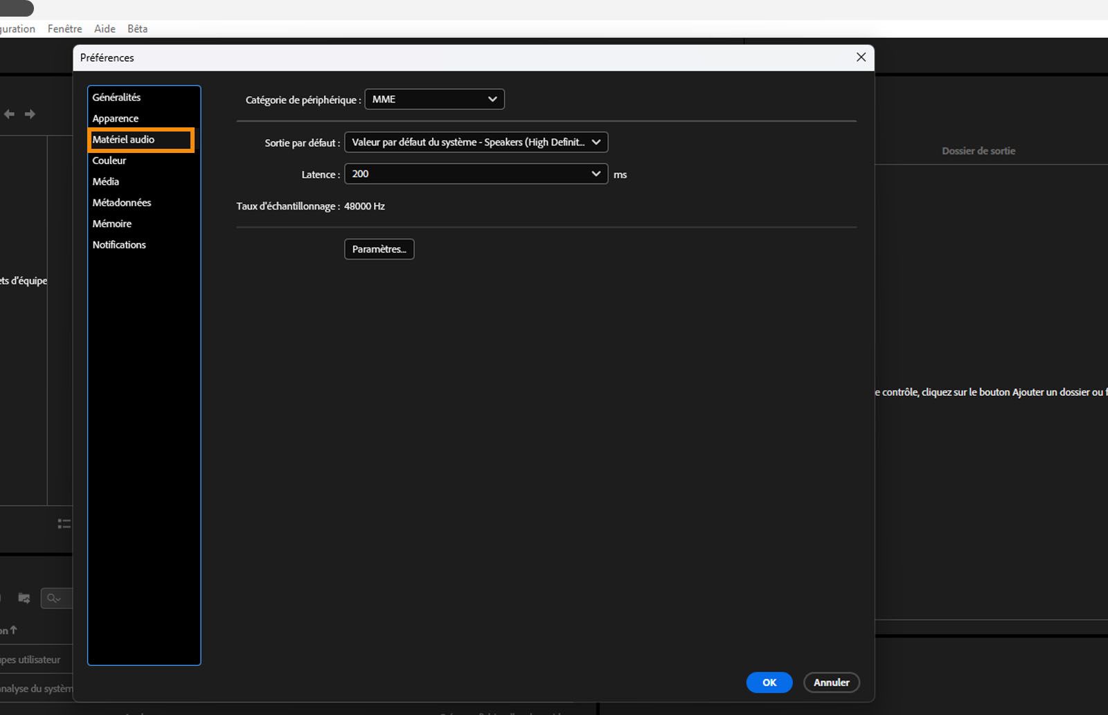 La boîte de dialogue Préférences s’ouvre, l’onglet Matériel audio est sélectionné et les champs et options de l’onglet Matériel audio s’affichent.