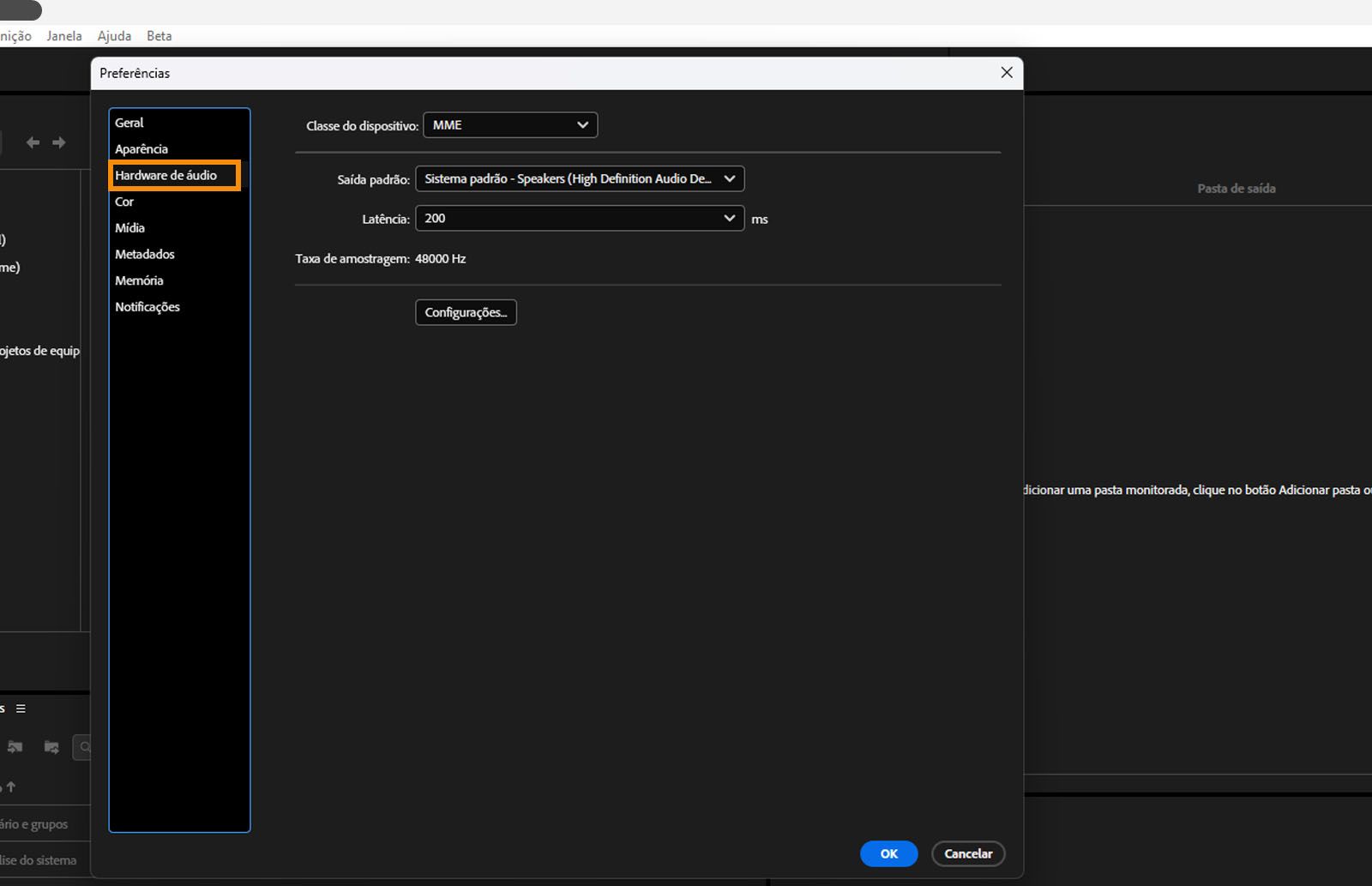 A caixa de diálogo “Preferências” aberta com a guia “Hardware de áudio” selecionada, exibindo os campos e opções da guia “Hardware de áudio”. 