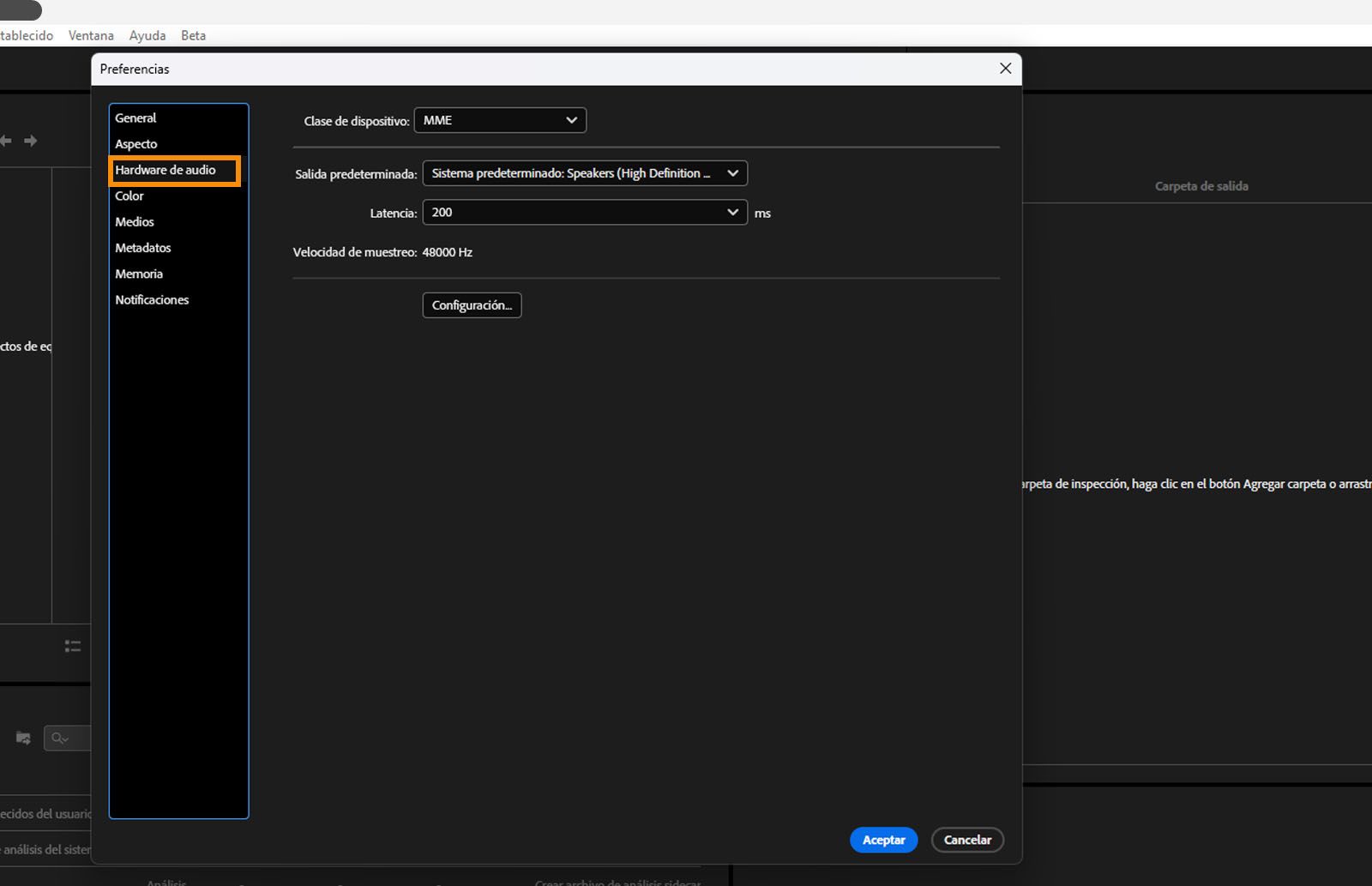 El cuadro de diálogo Preferencias está abierto, se ha seleccionado la pestaña Hardware de audio y se muestran los campos y opciones de la pestaña Hardware de audio.