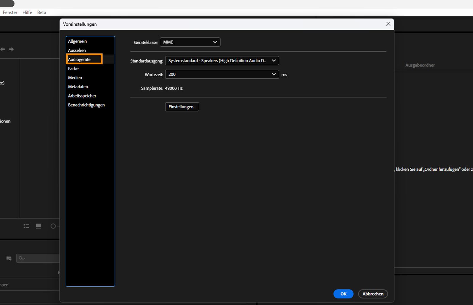 Das Dialogfeld „Voreinstellungen“ ist geöffnet, die Registerkarte „Audiogeräte“ ist ausgewählt und die Felder und Optionen auf der Registerkarte „Audiogeräte“ werden angezeigt. 