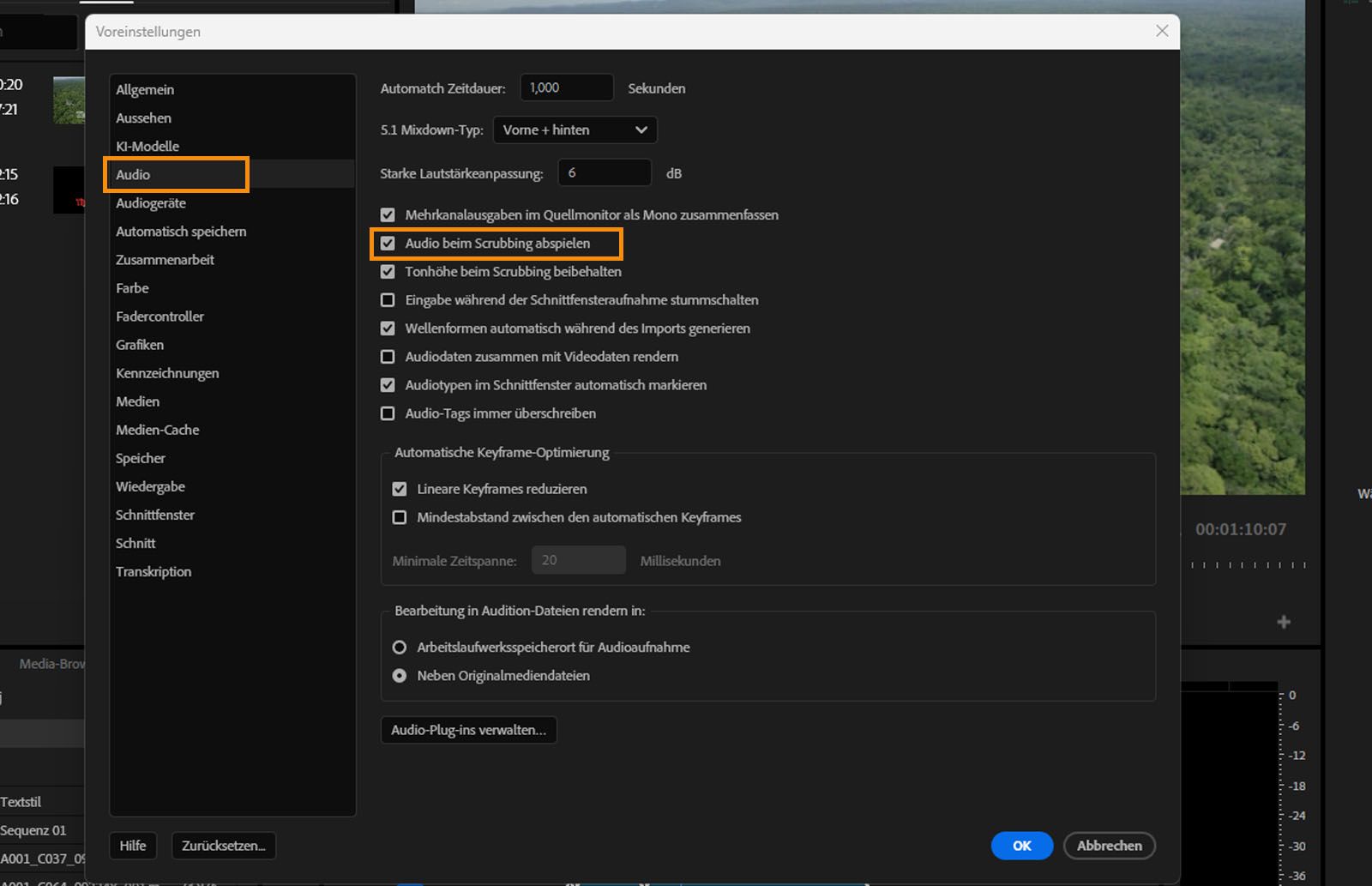 Das Dialogfeld Voreinstellungen ist geöffnet und die Option „Audio beim Scrubbing abspielen“ hervorgehoben. 