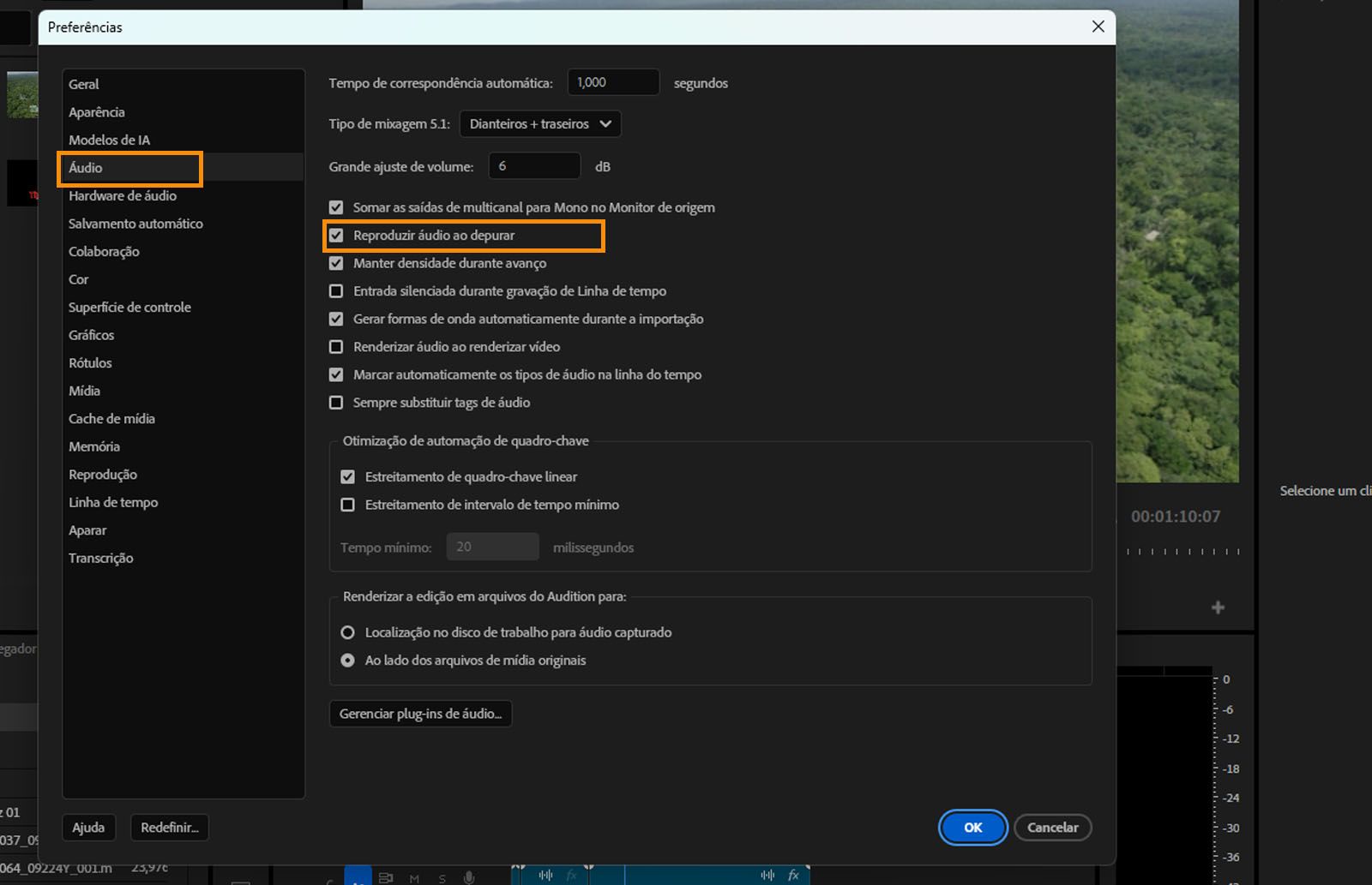 A caixa de diálogo “Preferências” de áudio aberta com a opção “Reproduzir áudio durante a depuração” destacada. 