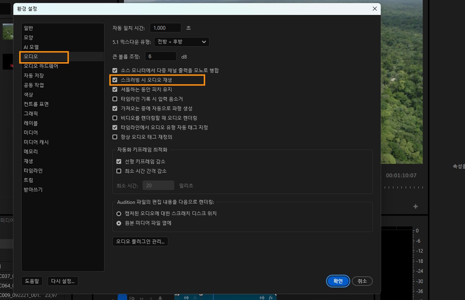 오디오 [환경 설정] 대화 상자가 열려 있고 [스크러빙 중 오디오 재생] 옵션이 강조 표시되어 있습니다. 