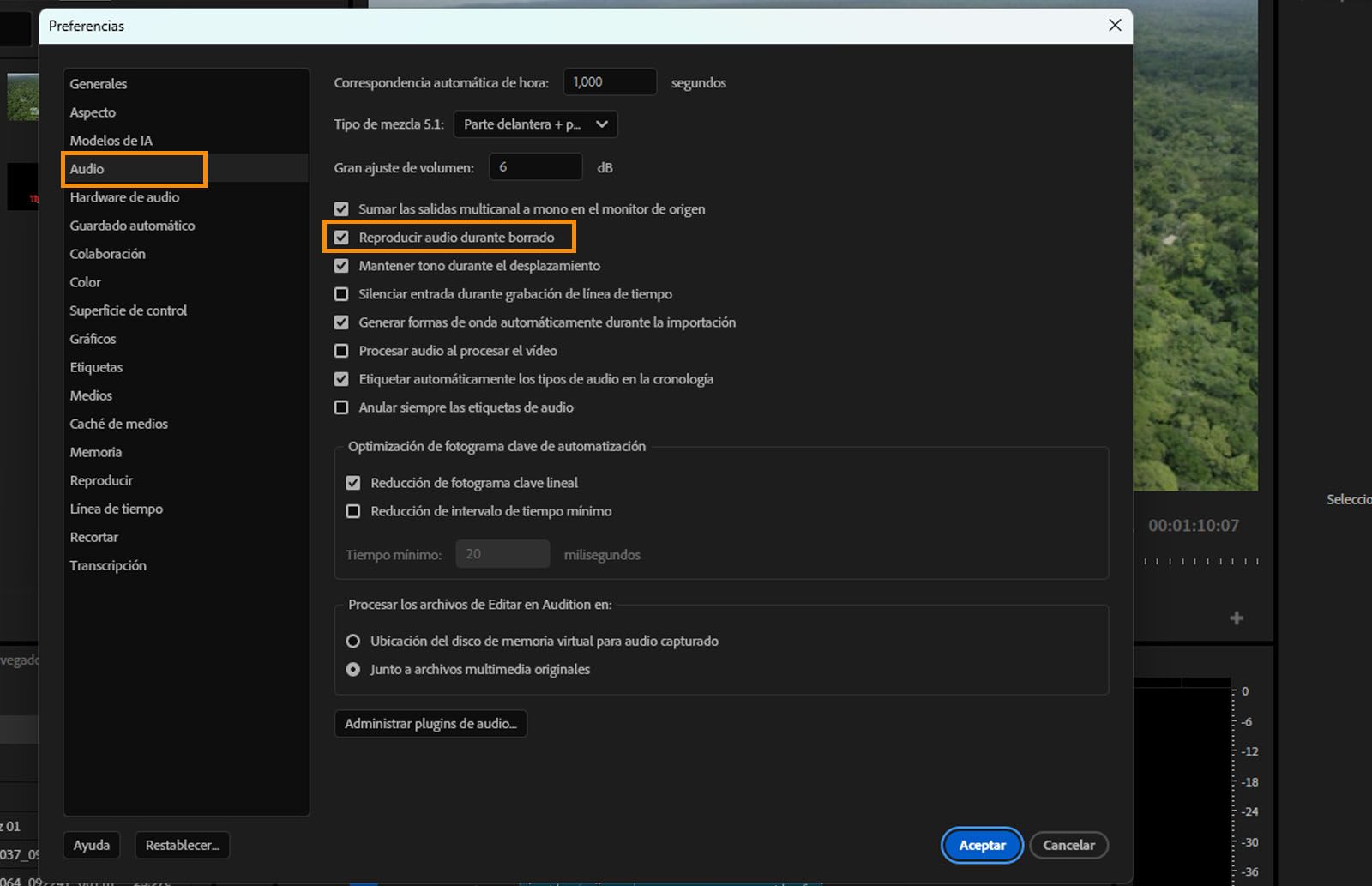Se abre el cuadro de diálogo Preferencias de audio y se resalta la opción Reproducir audio durante el borrado. 