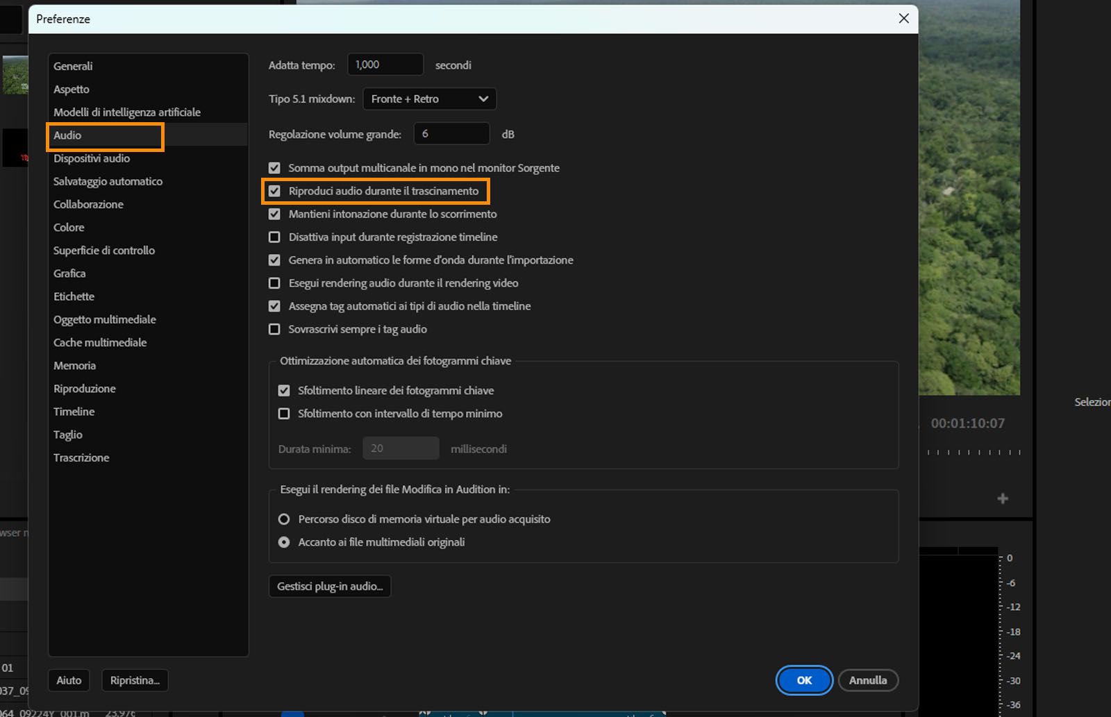 Finestra di dialogo Preferenze audio aperta con l’opzione Riproduci audio durante lo scorrimento evidenziata. 