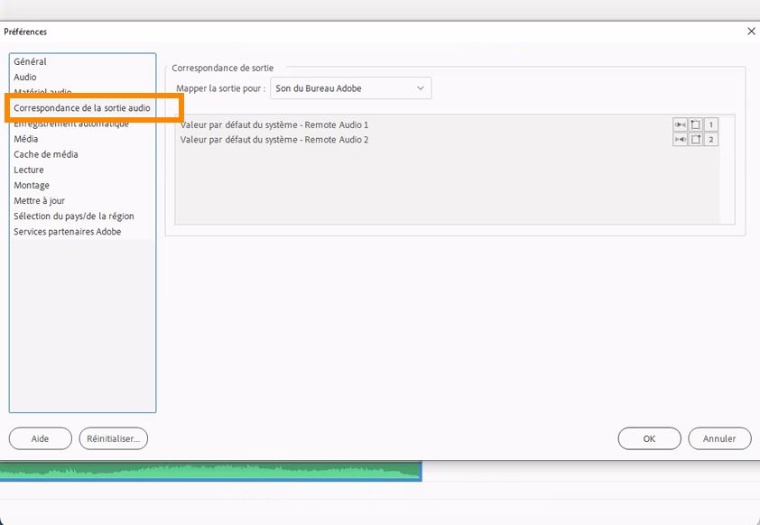 Préférences de mappage de sortie audio