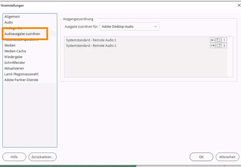 Voreinstellungen für „Audioausgabe zuordnen“