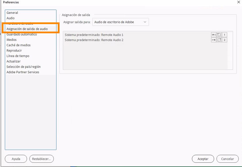 Preferencias de asignación de salida de audio