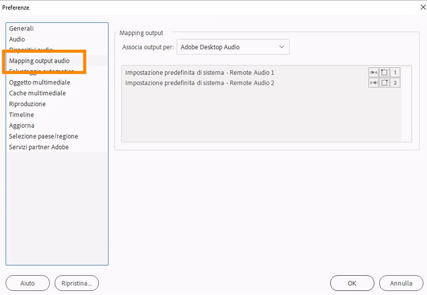 Preferenze di Mappatura output audio