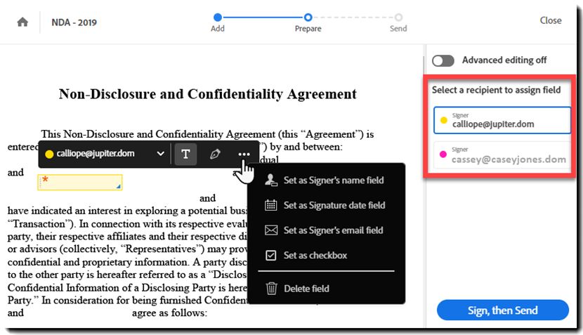 Especificar onde preencher e assinar no modo simplificado com vários signatários