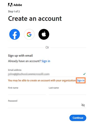 Create an account screen displaying the Sign in button under the Email address field