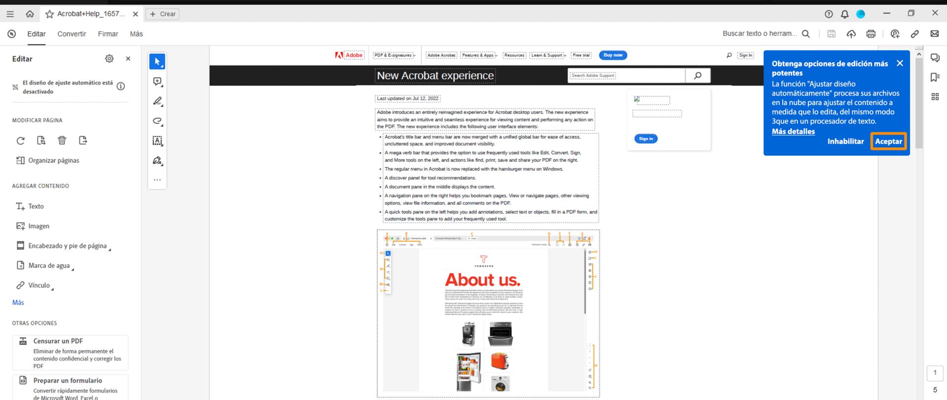 Mensaje para obtener la experiencia de edición más eficaz