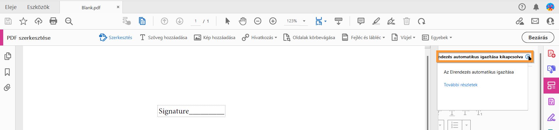 Elrendezés automatikus igazítása kikapcsolva