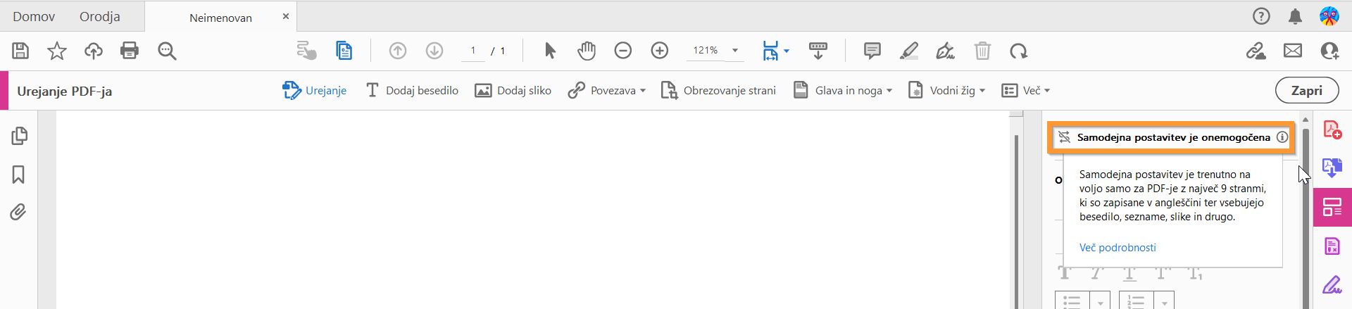 Samodejna postavitev je onemogočena