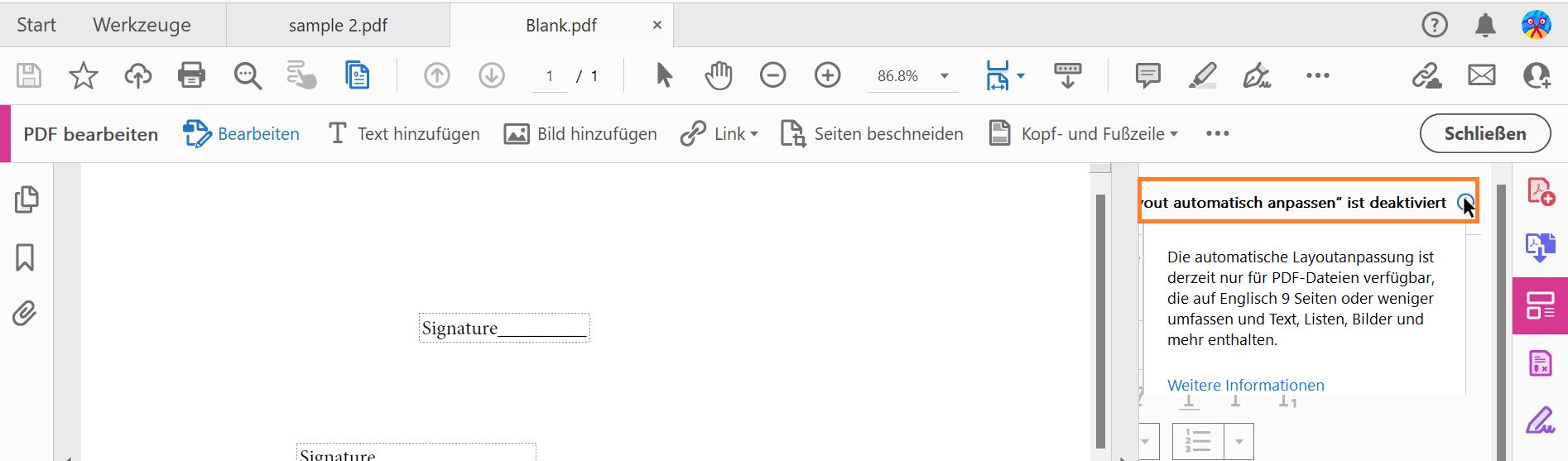 „Layout automatisch anpassen“ ist deaktiviert