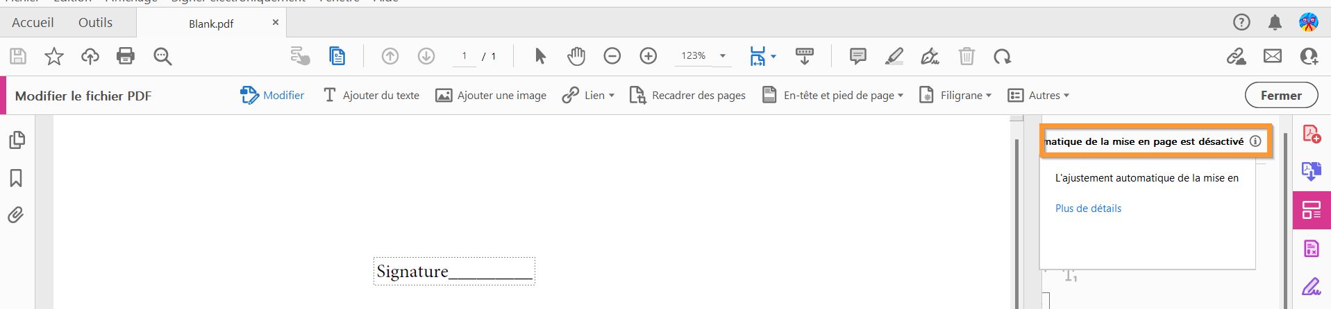 Ajustement automatique de la mise en page désactivé