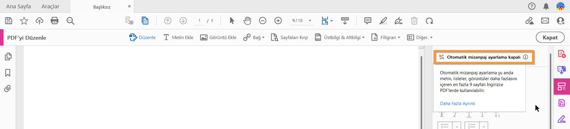 Otomatik mizanpaj ayarlama kapalı