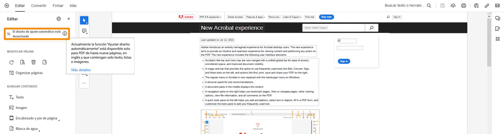 El diseño de ajuste automático está desactivado
