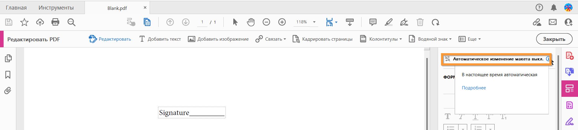 Автоматическая настройка макета отключена