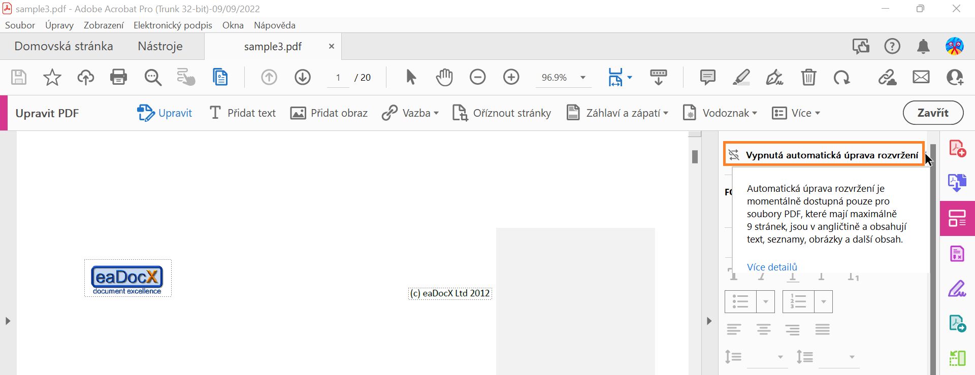 Automatická úprava rozvržení je vypnuta