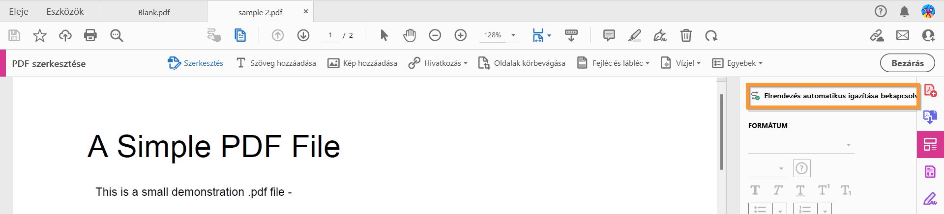 Automatikus igazítás mód bekapcsolva
