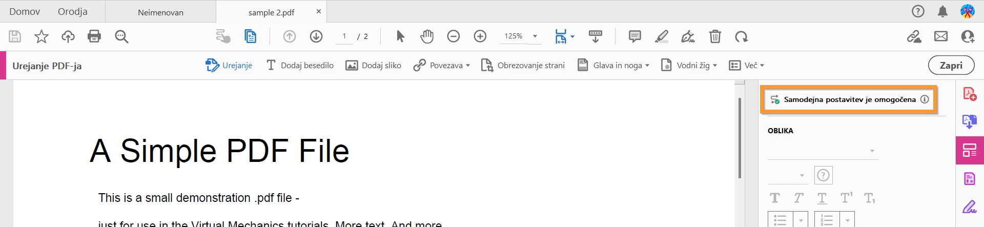 Način samodejne postavitve je omogočen