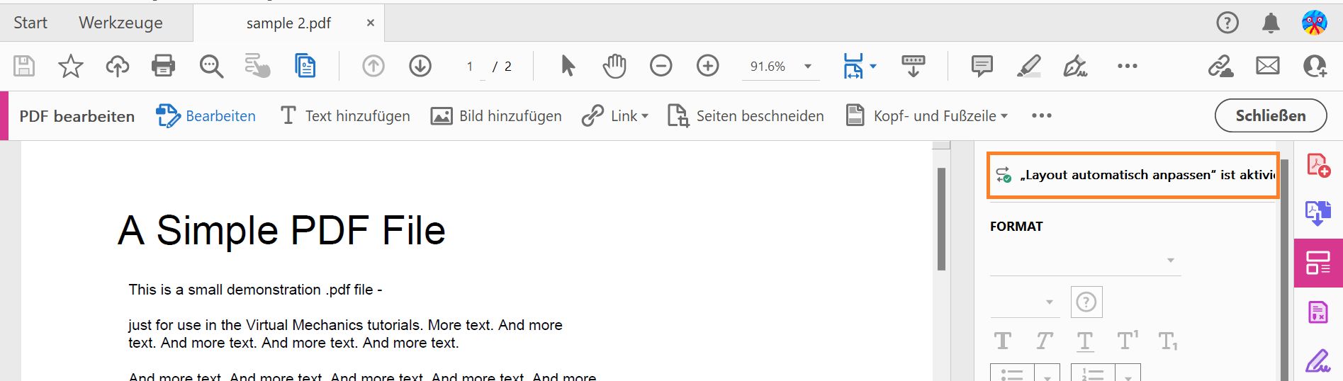 „Layout automatisch anpassen“ aktiviert