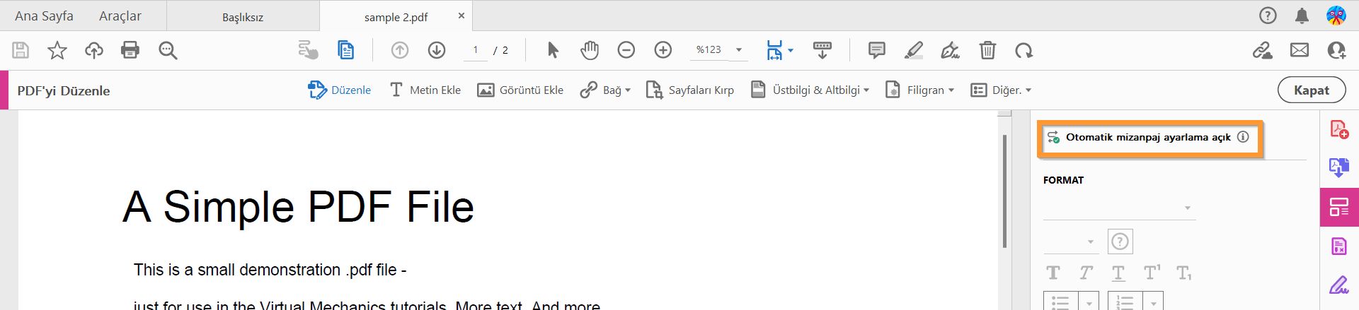 Otomatik mizanpaj ayarlama açık
